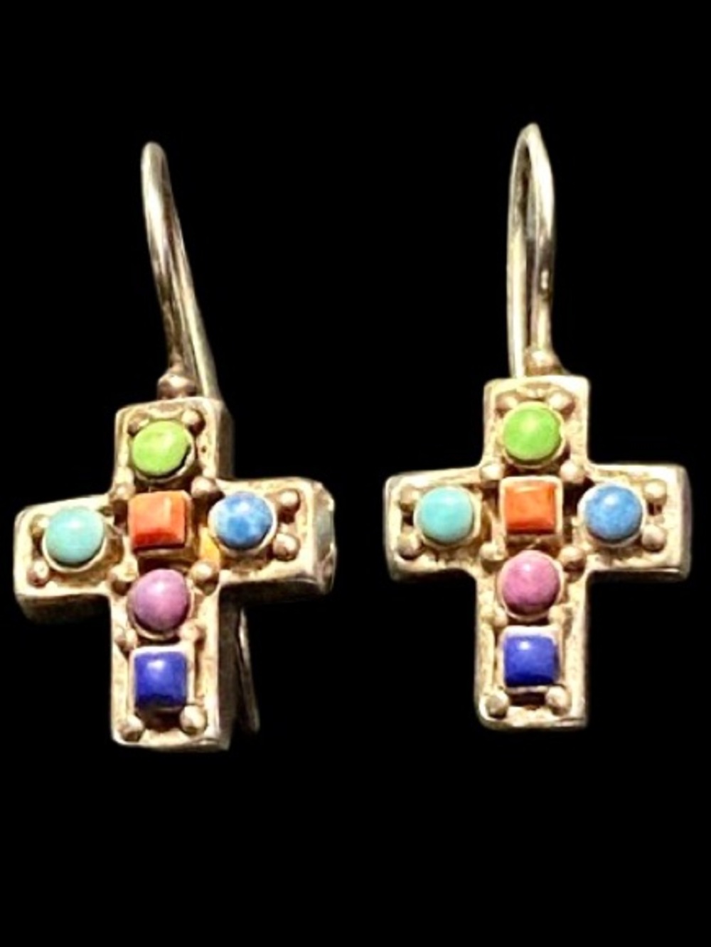 Vintage Sterling 925 Silver Southwestern-Style Multi-Stone Inlay Cross Earrings